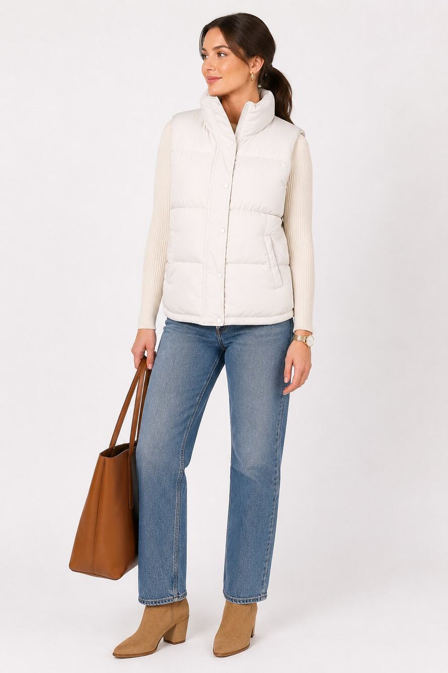 Abercrombie & Fitch Cream White Puffer Vest Snap Zip Quilted Womens Large